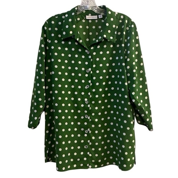 Susan Graver Women's M Green Polka Dot Button Down Blouse 3/4 Sleeve - Picture 1 of 11
